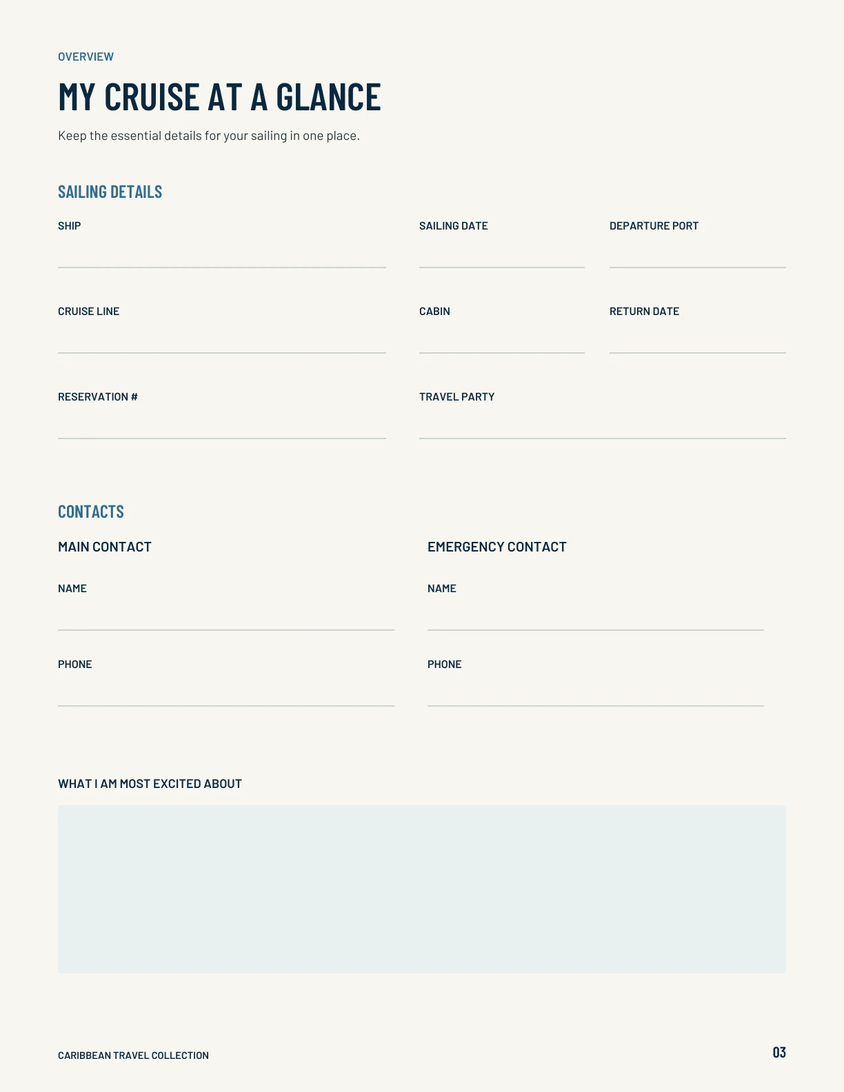 Cruise overview worksheet from the planner