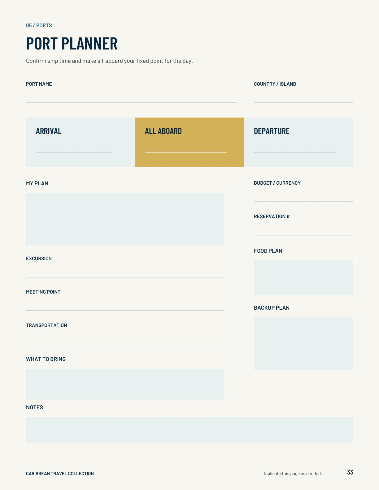 Port planner worksheet from the planner